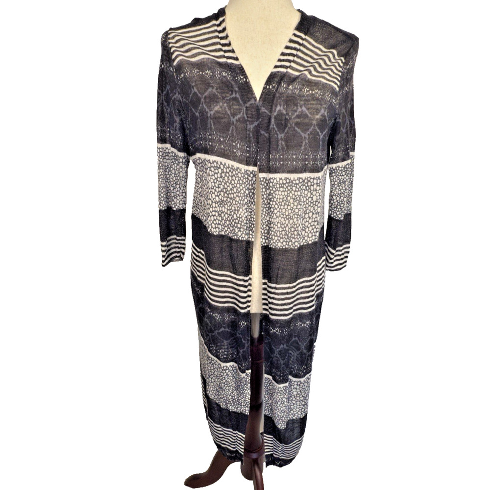 Chico’s 2 (L) Black & White duster Stretchy Knit‎ Thin Sweater Semi Sheer Ramie